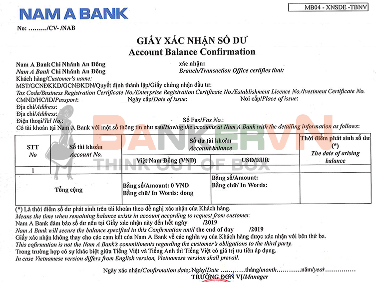 Giấy xác nhận số dư Ngân hàng Nam Á