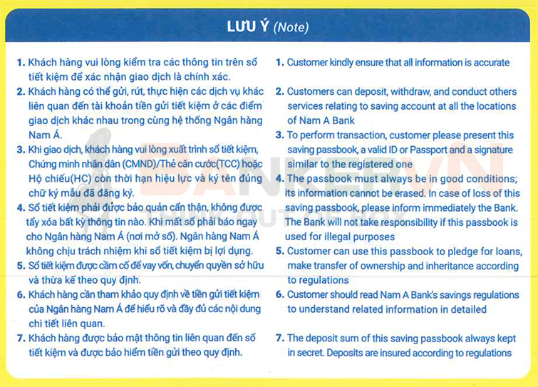 Mặt sau sổ tiết kiệm ngân hàng Nam Á