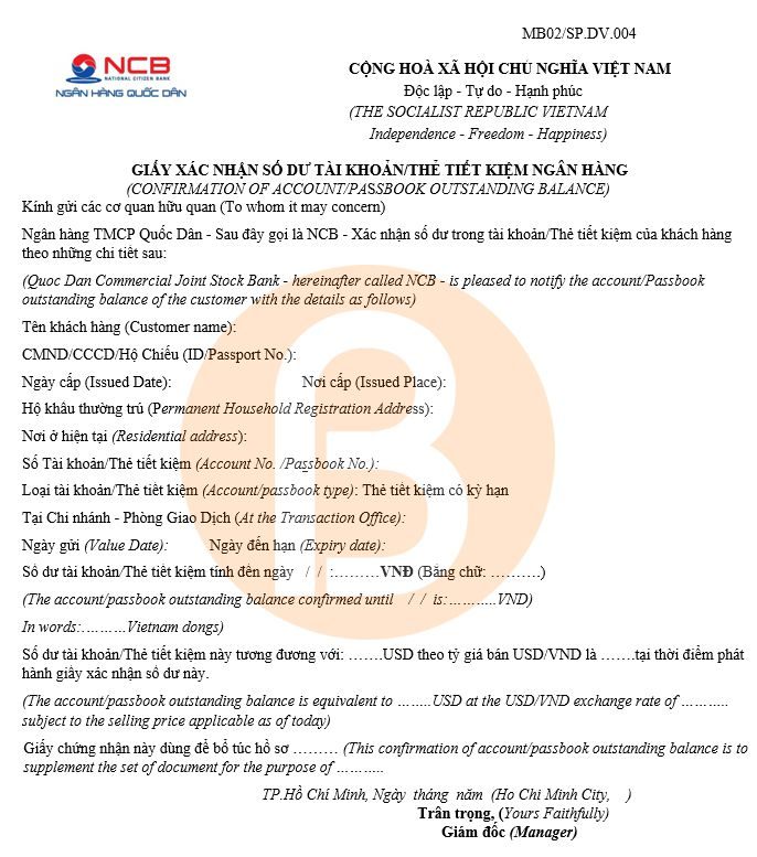 Giấy xác nhận số dư tài khoản NCB