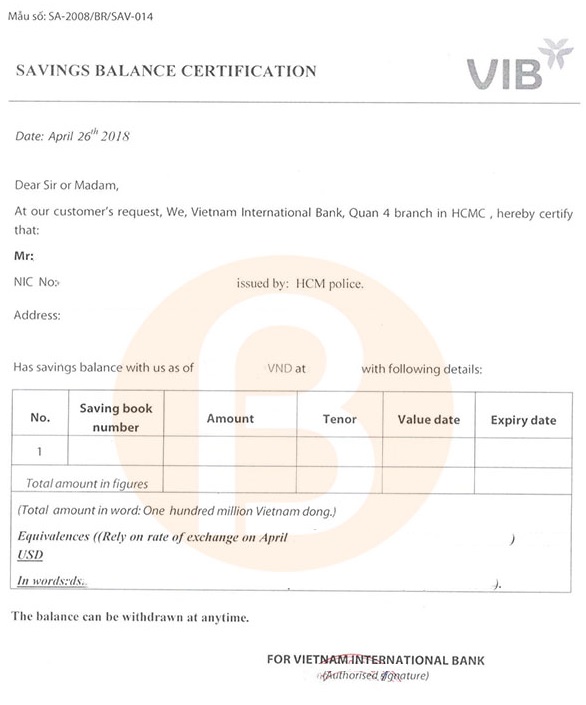 Giấy xác nhận số dư ngân hàng VIB