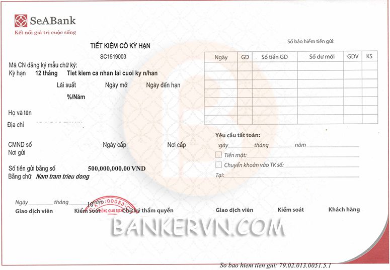 Mẫu sổ tiết kiệm Ngân hàng SeABank
