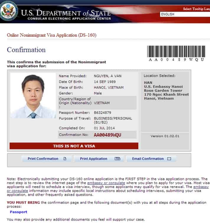 Tờ khai xin visa du lịch Mỹ DS 160