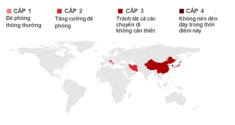 Bản đồ khoanh vùng quốc gia theo các cấp độ cảnh báo của Mỹ, cập nhật ngày 25/2