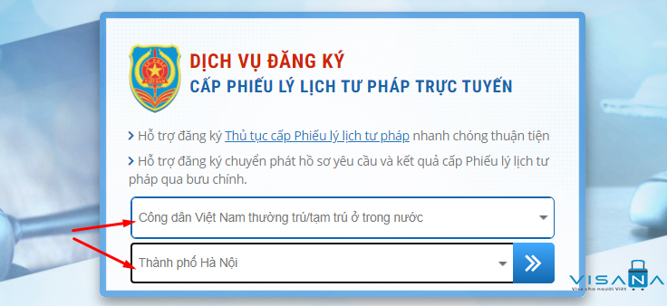 Chọn đối tượng xin cấp lý lịch tư pháp online - VISANA