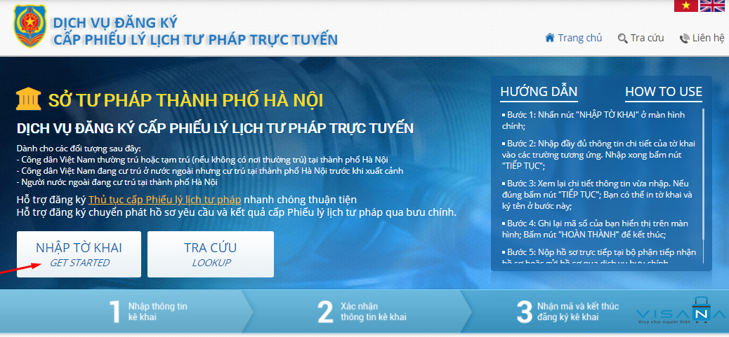 Bắt đầu nhập tờ khai yêu cầu Lý lịch tư pháp trực tuyến - VISANA