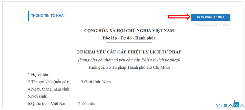 In tờ khai yêu cầu cấp phiếu lý lịch tư pháp - VISANA