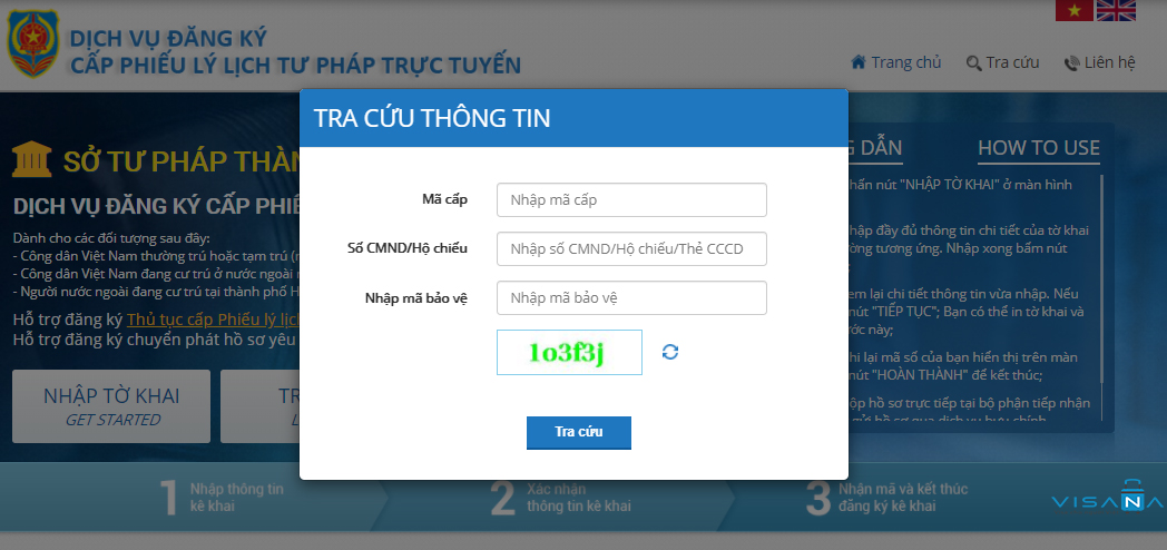Màn hình điền thông tin tra cứu lý lịch tư pháp trực tuyến - VISANA