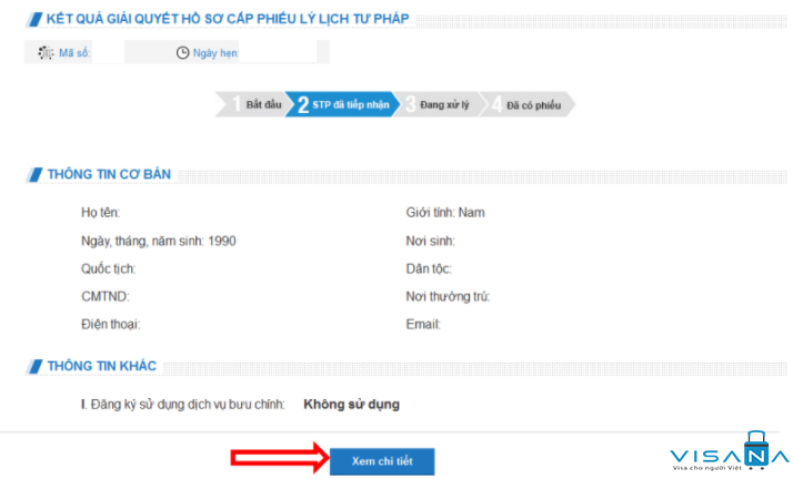Màn hình kết quả tra cứu hồ sơ lý lịch tư pháp trực tuyến
