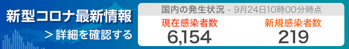 新型コロナ最新情報　詳細を確認する　国内の発生状況　9月24日10時00分時点　現在感染者数6154　新規感染者数219