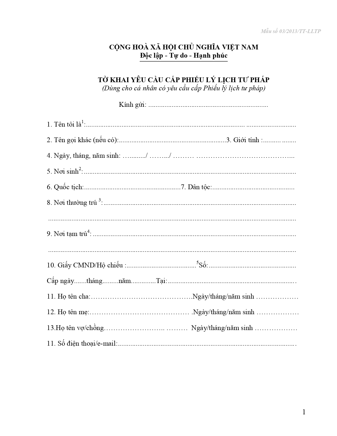 Mẫu tờ khai yêu cầu cấp phiếu lý lịch tư pháp (mẫu số 03/2013/tt-lltp) - Trang 1