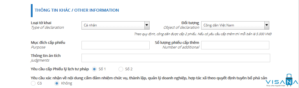 Phần yêu cầu cấp lý lịch tư pháp online - VISANA