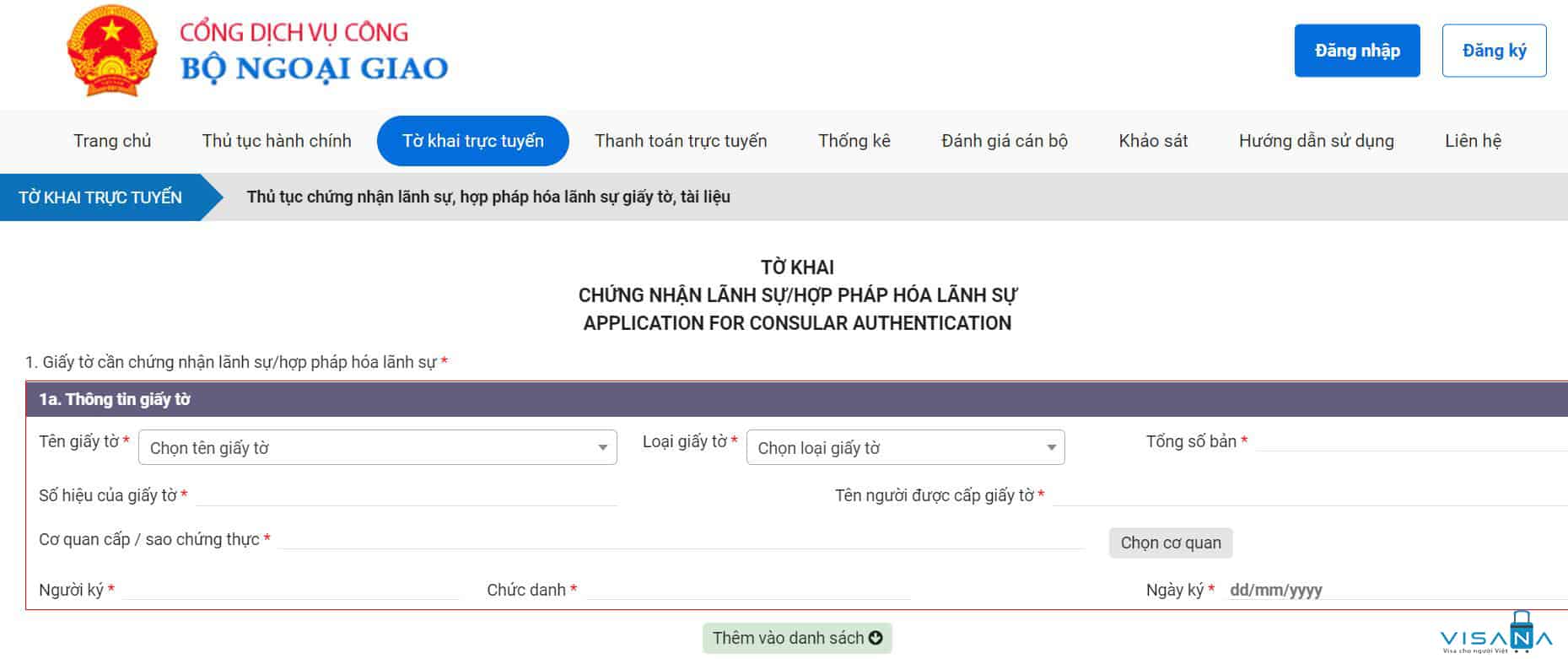 Mẫu tờ khai hợp pháp hóa lãnh sự tại Cục lãnh sự Hà Nội