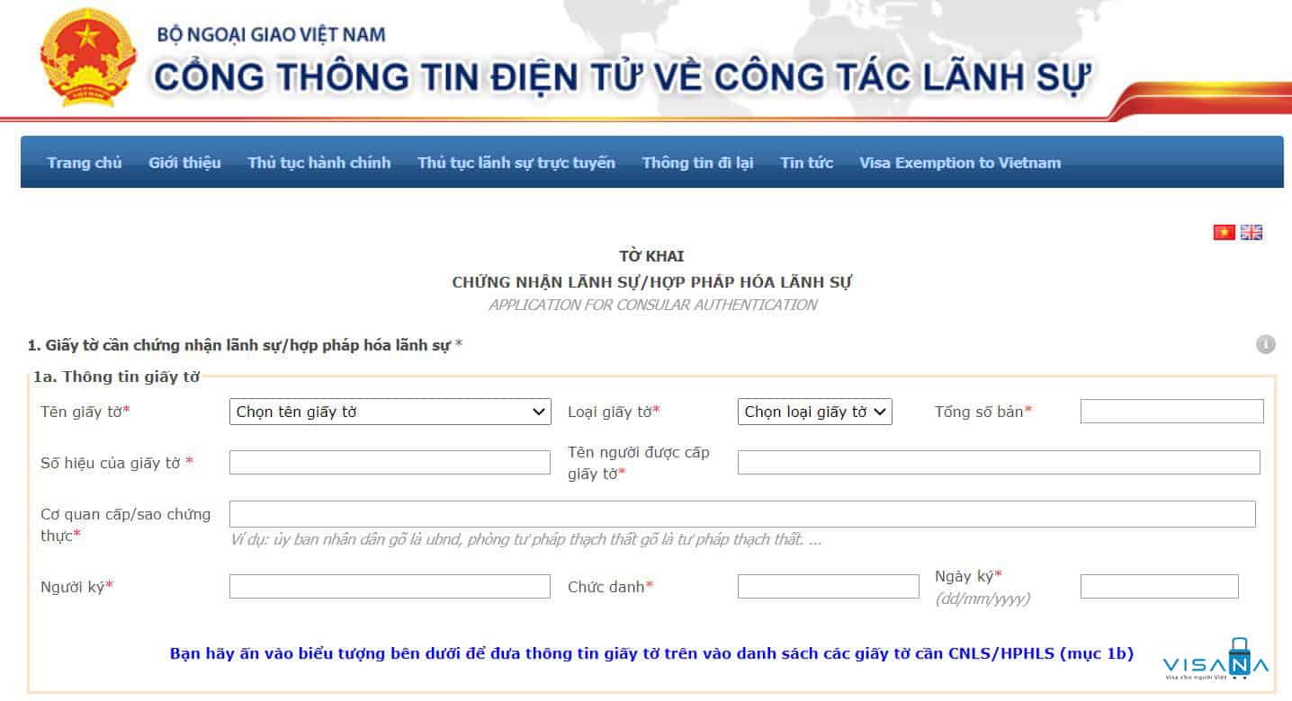 Mẫu tờ khai hợp pháp hóa lãnh sự tại Sở Ngoại vụ Thành phố Hồ Chí Minh