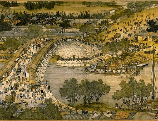 Khung cảnh cây cầu nổi tiếng trong bức "Thanh minh thượng hà đồ". (Ảnh: Wikimedia Commons).