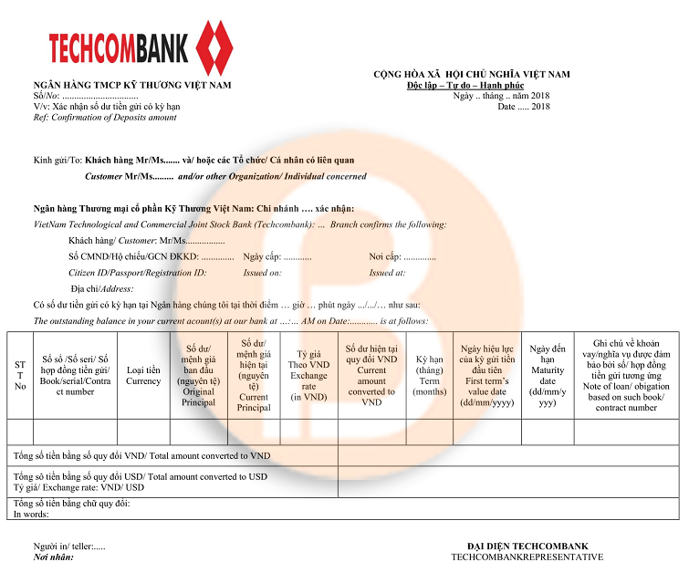 giấy xác nhận số dư tài khoản techcombank
