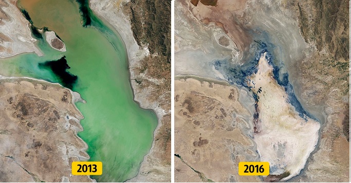 Nước trong hồ Poopó ở Bolivia đã hoàn toàn khô cạn chỉ sau 3 năm. (Ảnh: Climate.nasa)