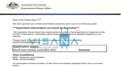 Mẫu visa 462 Úc visana