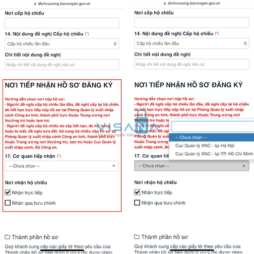 chọn nơi nhận hộ chiếu online visana