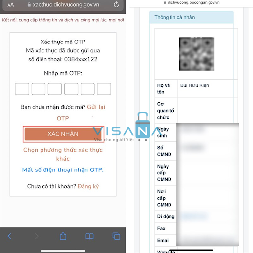 xác nhận otp làm hộ chiếu online visana