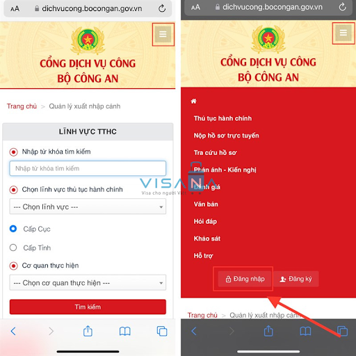 đăng nhập làm hộ chiếu online visana