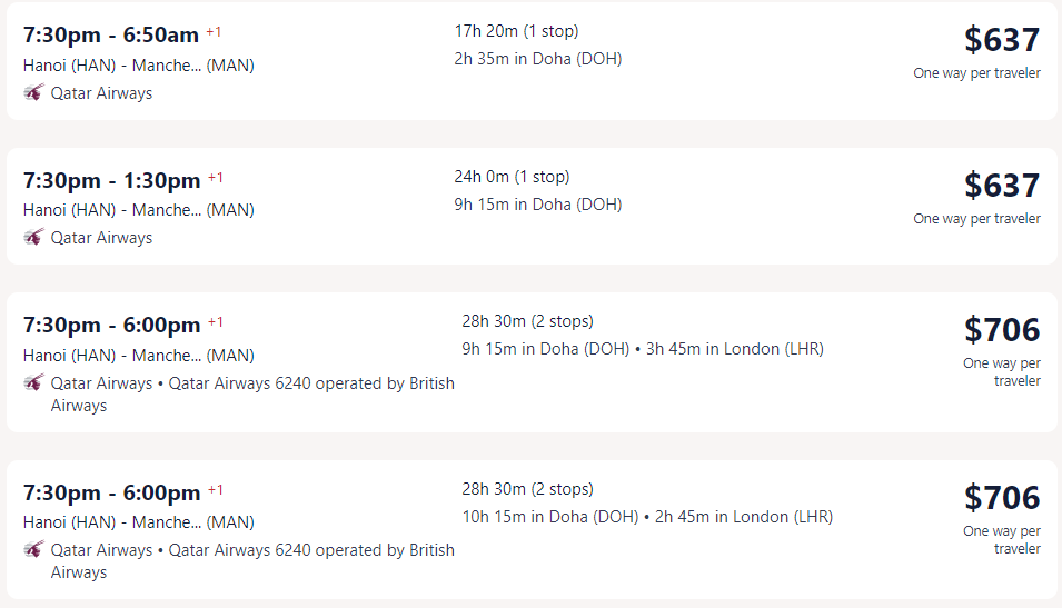 Vé máy bay đi Anh - Manchester một chiều hãng Qatar Airways từ Hà Nội - Visana