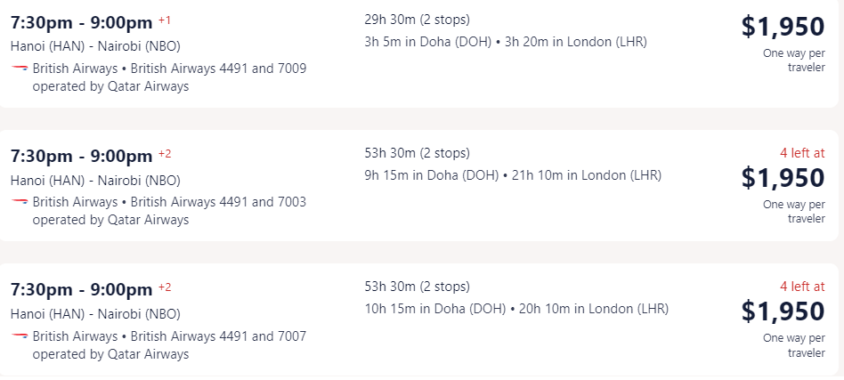 Vé máy bay đi Kenya hãng British Airways từ Hà Nội - Visana