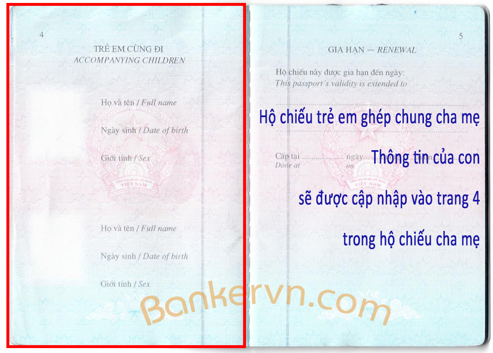 Trẻ em ghép chung hộ chiếu ba mẹ