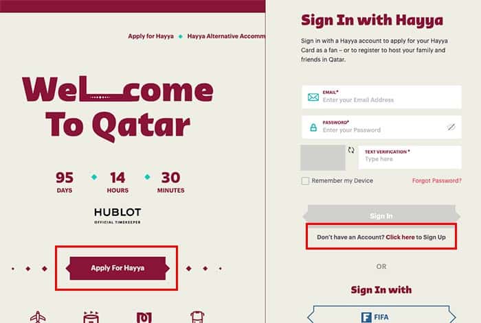 Nhấp Click here để tạo tài khoản Hayya - Visana