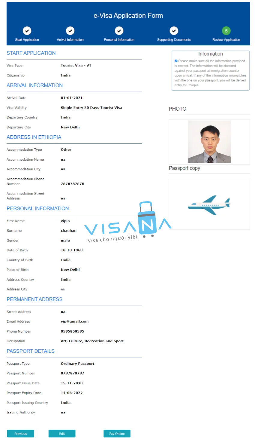 biểu mẫu evisa ethiopia hoàn chỉnh visana