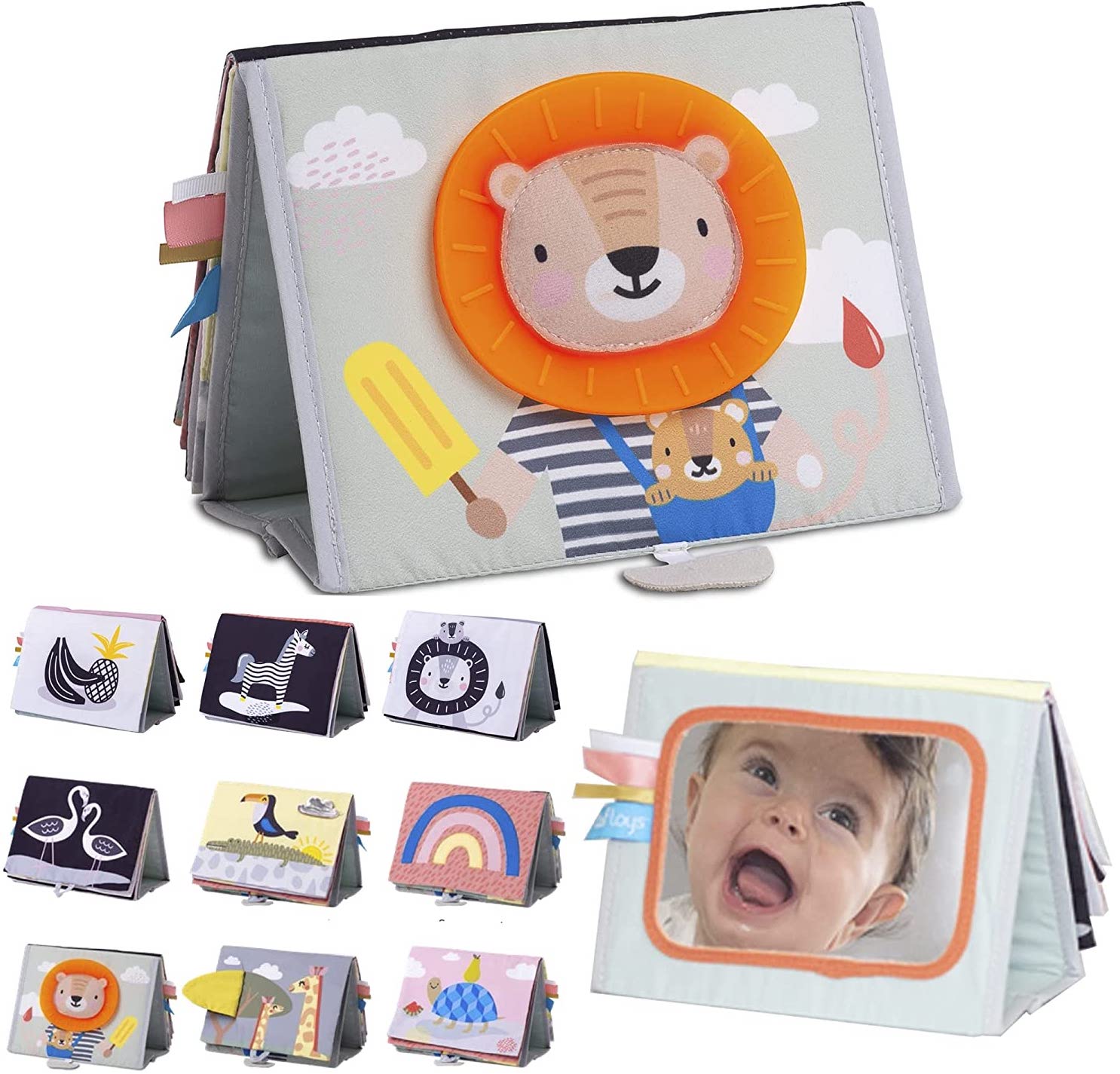 Cuốn sách hoạt động nhàu vải màu xám với sư tử ở phía trước và nhiều hình ảnh khác đi kèm