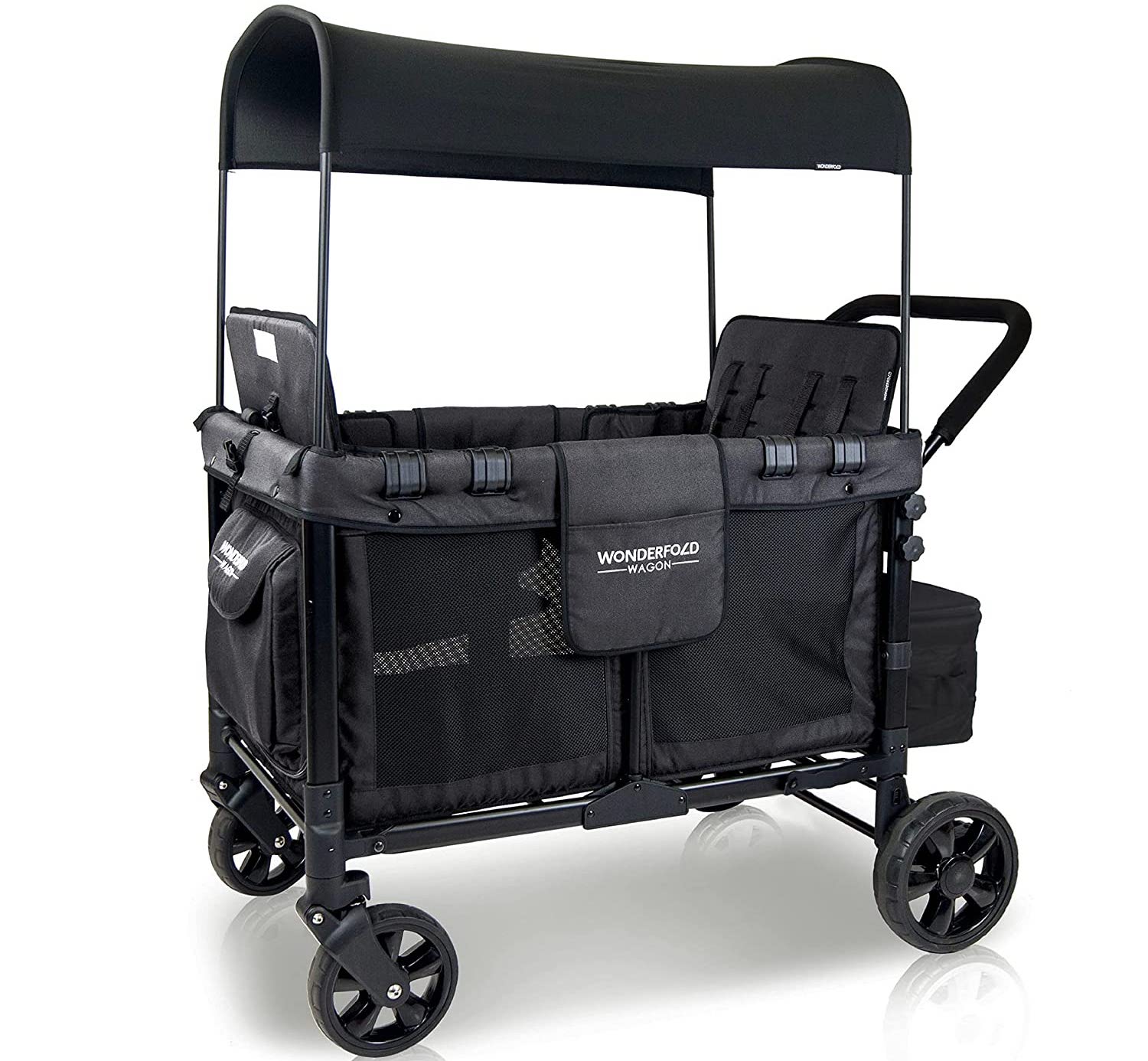 WONDERFOLD W4 Xe đẩy 4 người nguyên bản có 4 ghế ngồi cao đối mặt với dây đai 5 điểm, Cửa khóa kéo phía trước dễ dàng tiếp cận và Mái che chống tia cực tím có thể tháo rời, Màu đen