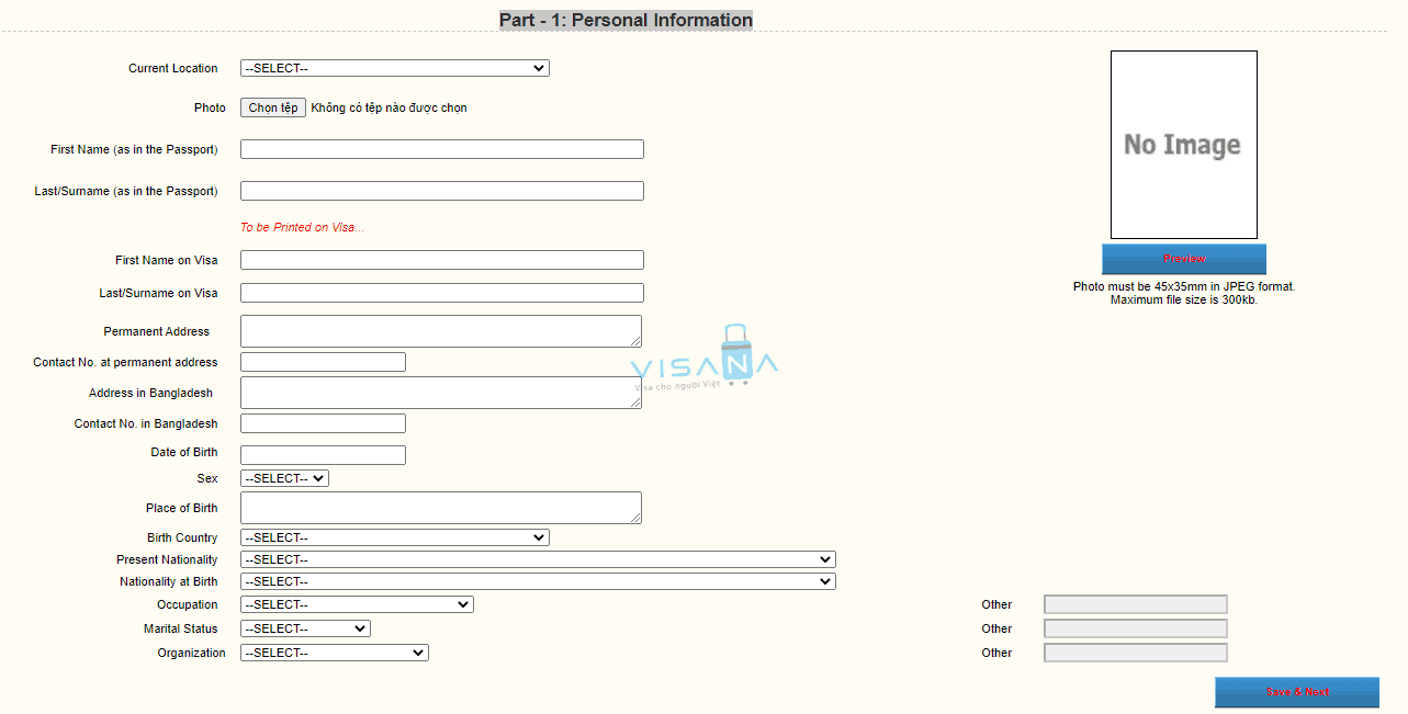 thông tin cá nhân điền đơn xin visa Bangladesh trực tuyến visana