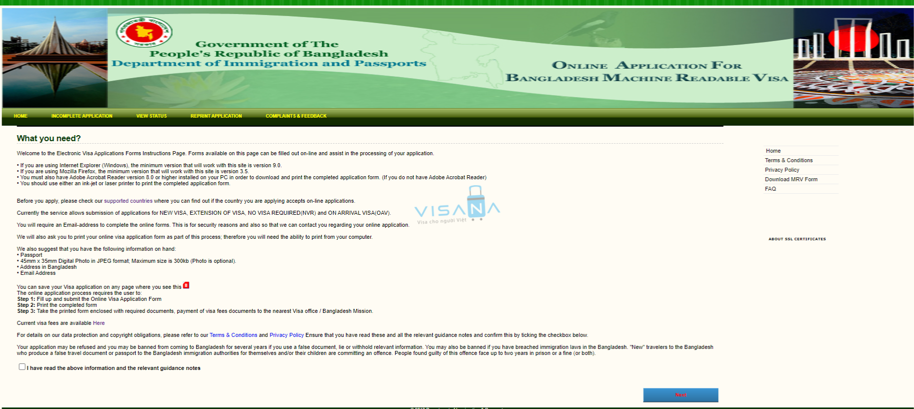 trang chủ điền đơn xin visa Bangladesh trực tuyến visana