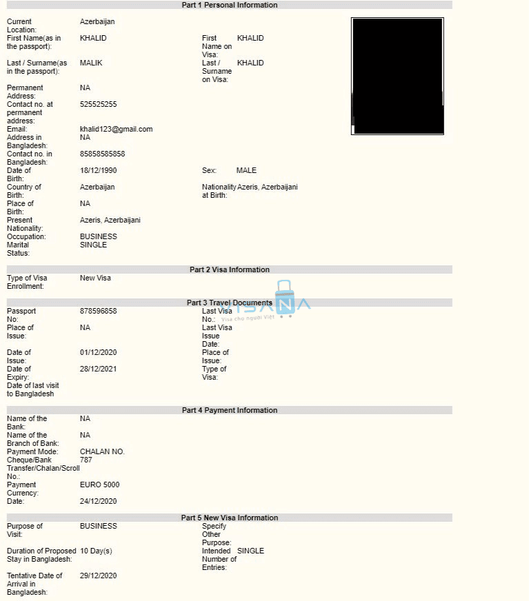 đơn xin visa Bangladesh trực tuyến visana