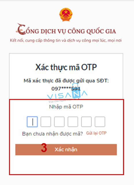 xác thực otp Đăng nhập tài khoản cổng dịch vụ công bằng OTP visana