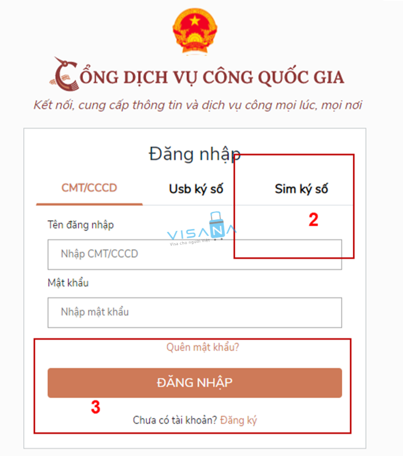 Đăng nhập tài khoản cổng dịch vụ công bằng Sim ký số visana