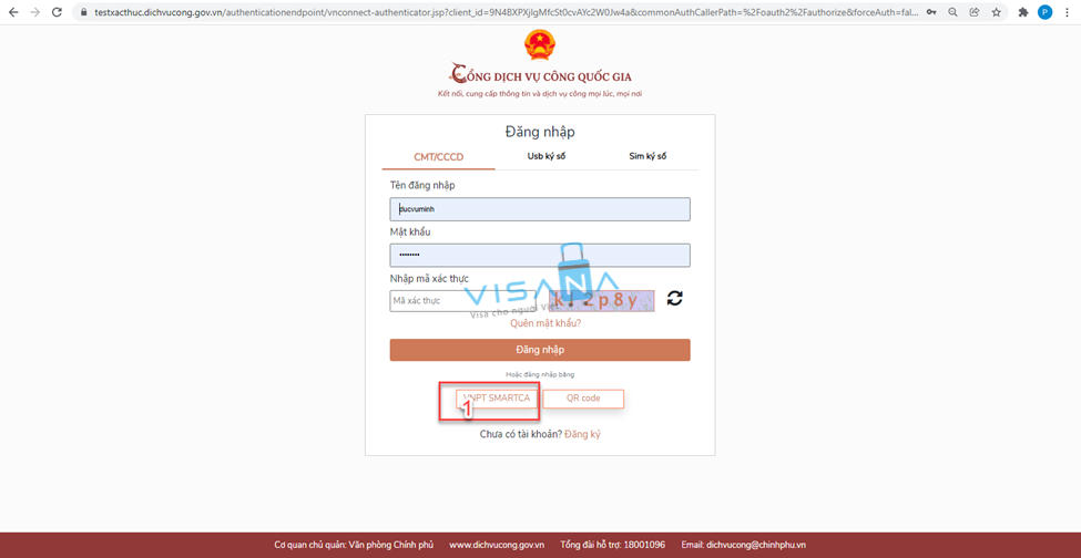 Đăng nhập tài khoản dịch vụ công cấp bởi Bưu điện Việt Nam visana