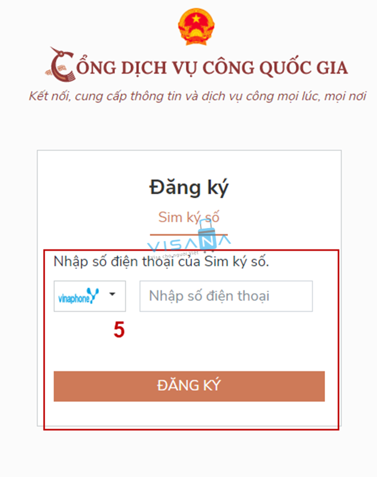 nhập số đăng ký tài khoản trên cổng dịch vụ công bằng Sim ký số visana