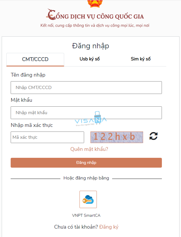 chọn tài khoản đăng nhập dịch vụ công visana2