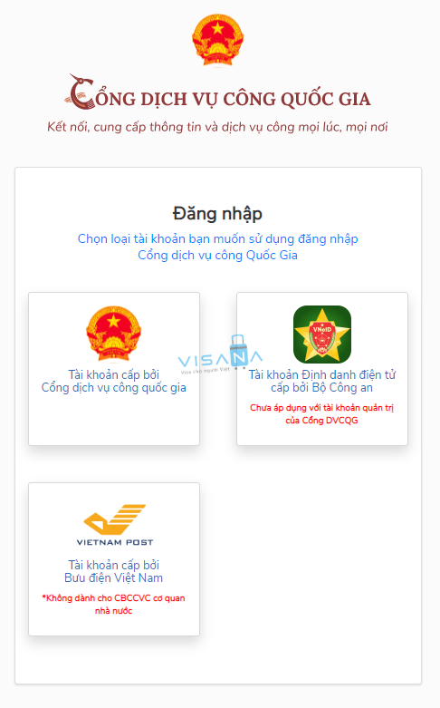 chọn tài khoản đăng nhập dịch vụ công visana1
