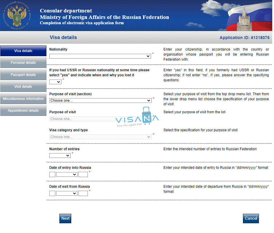 điền đơn xin visa Liên bang Nga trang 3 visana