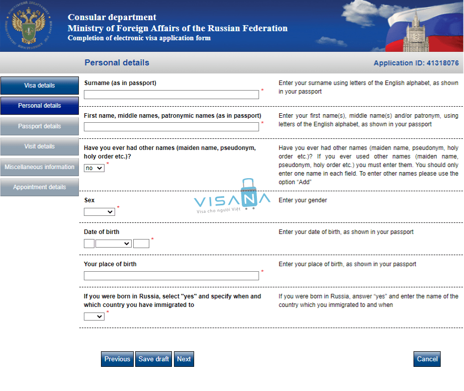 điền đơn xin visa Liên bang Nga trang 4 visana