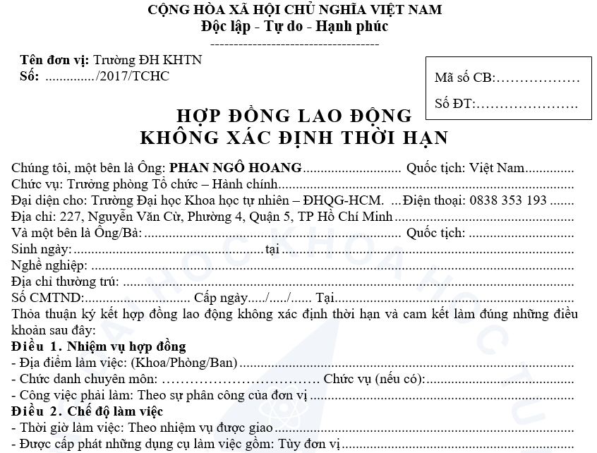 Mẫu hợp đồng lao động không xác định thời hạn ĐHKHTN