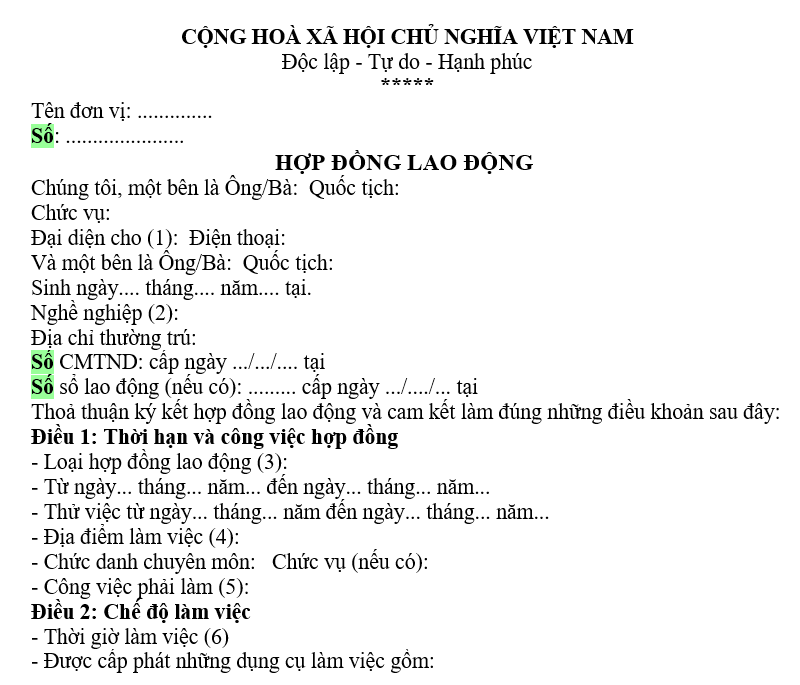 Mẫu hợp đồng lao động theo thông tư 21/2003/BLĐTBXH