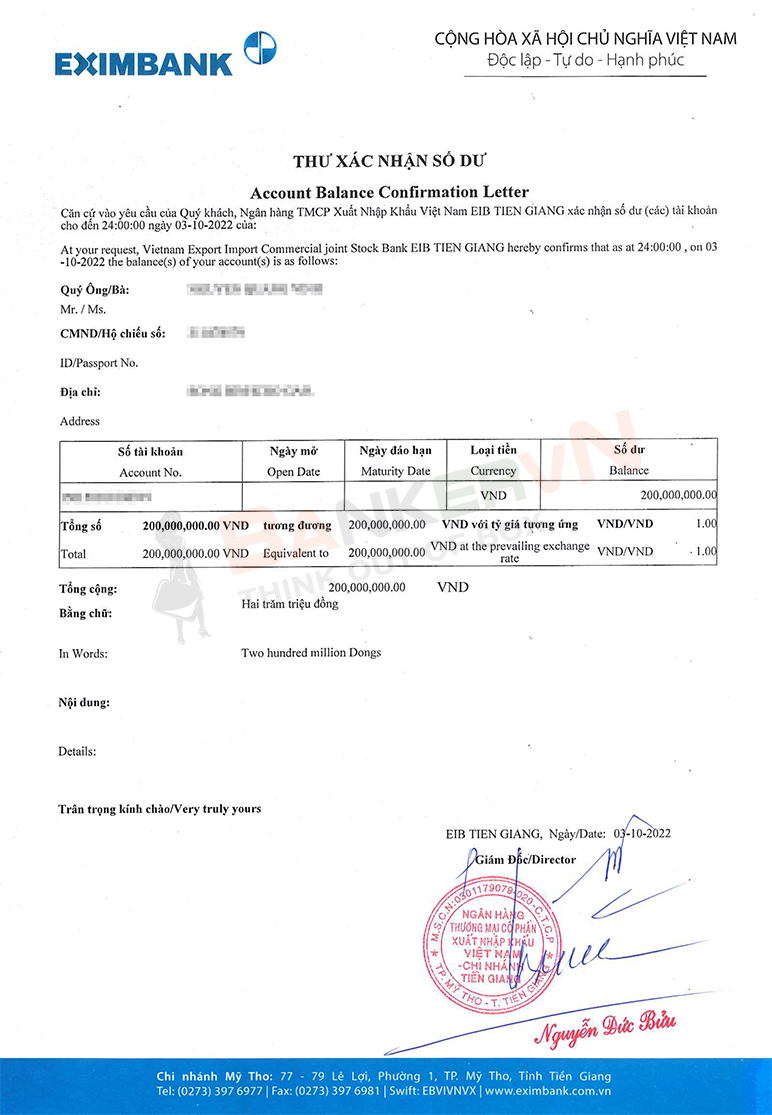 Giấy xác nhận số dư Eximbank
